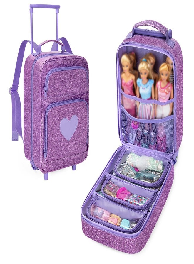 LoDrid Travel Backpack Compatible with Barbie Dolls 12-inch, Doll Carrying Case with Wheels, Suitcase Storage Organizer with Multiple Pockets for Doll Clothes and Accessories, Purple, Bag Only - Image 1